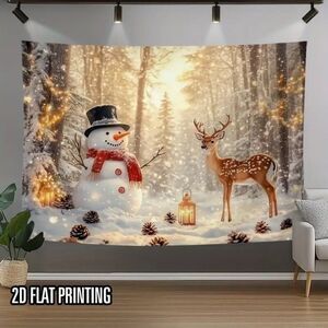 39 x 59 Holiday Wall Banner Festive Christmas Snowman & Deer in a Winter Forest
